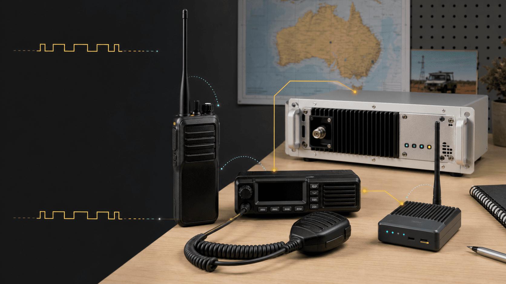 A handheld DMR radio, mobile transceiver, hotspot, and repeater equipment on a technical workbench